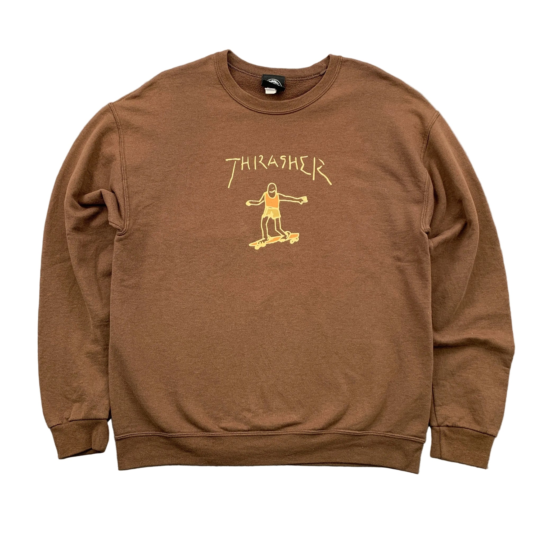 Brown sweatshirt with yellow graphic design on a gray background