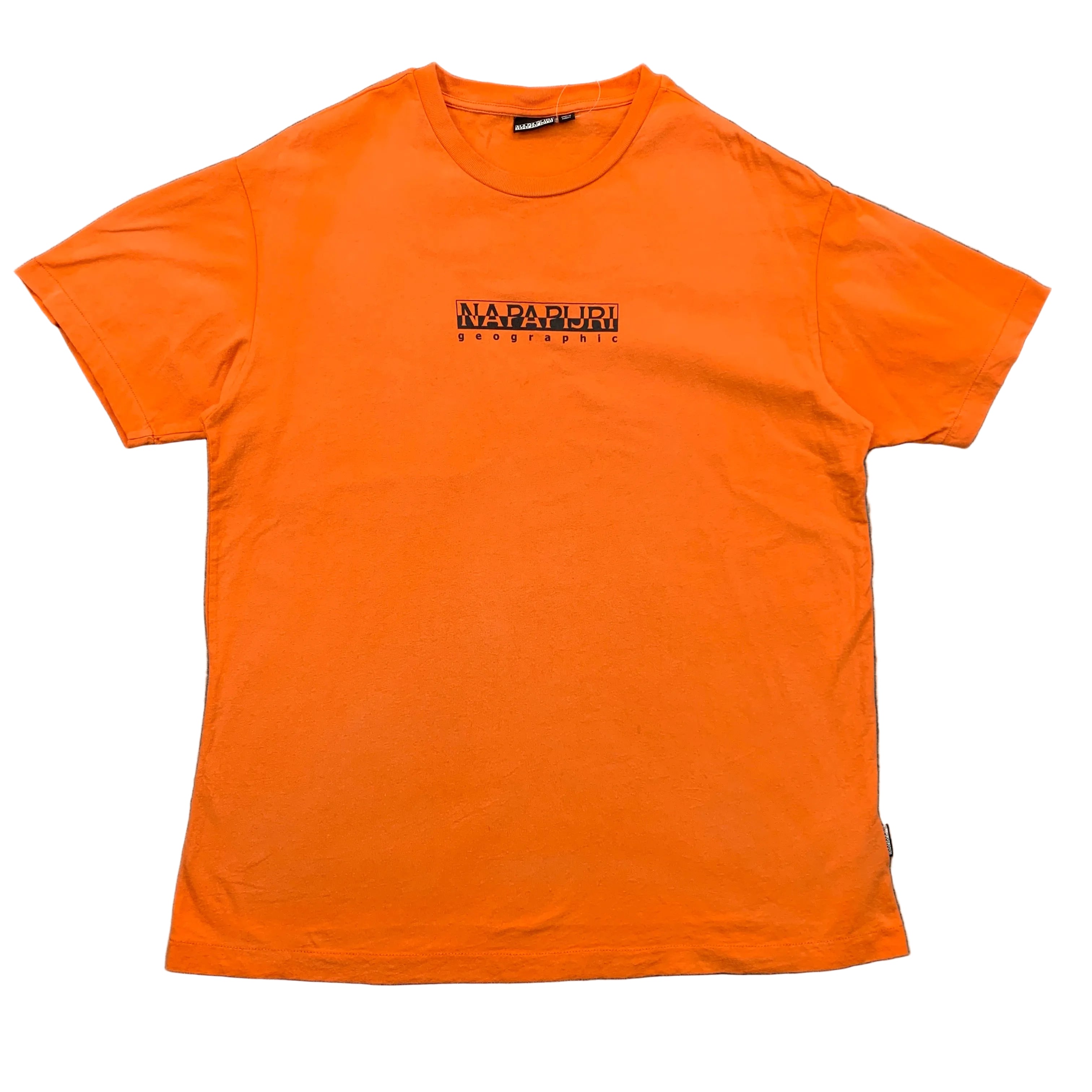 Orange t-shirt with black text on a gray background