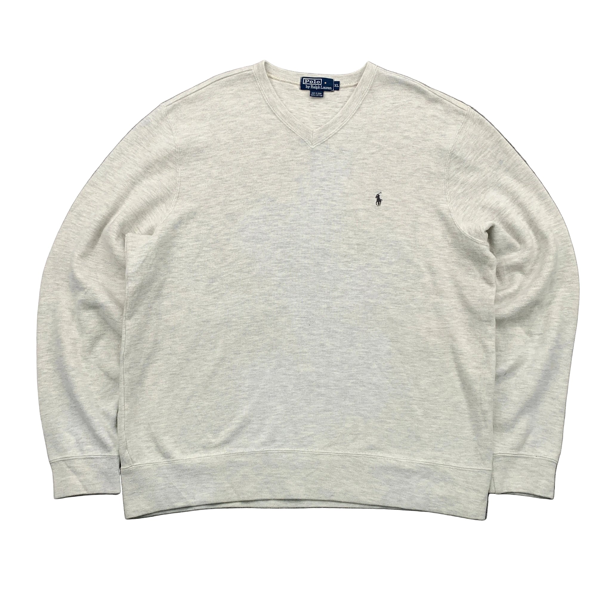Light gray sweatshirt with a small logo on a gray background