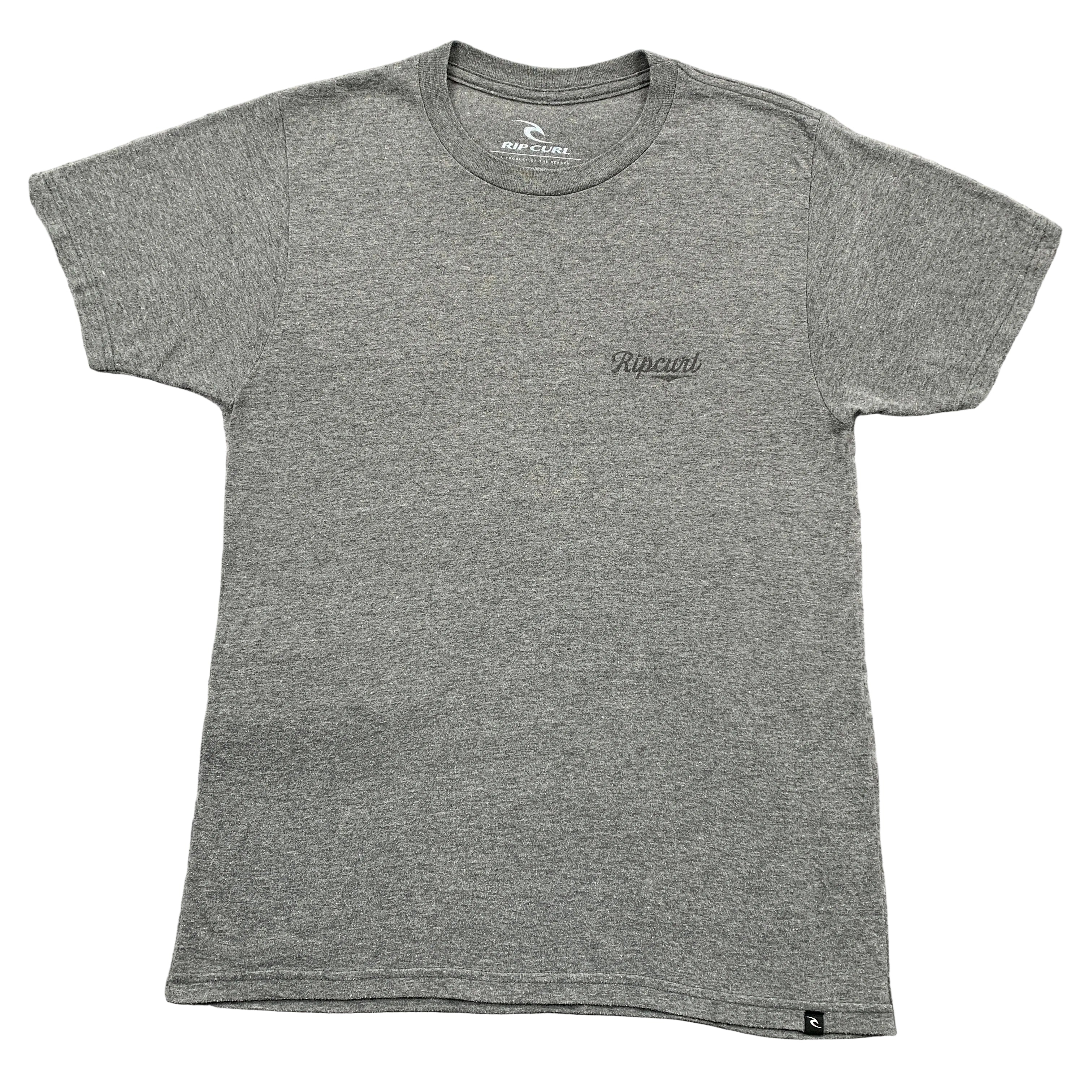 Gray t-shirt with a logo on a textured surface