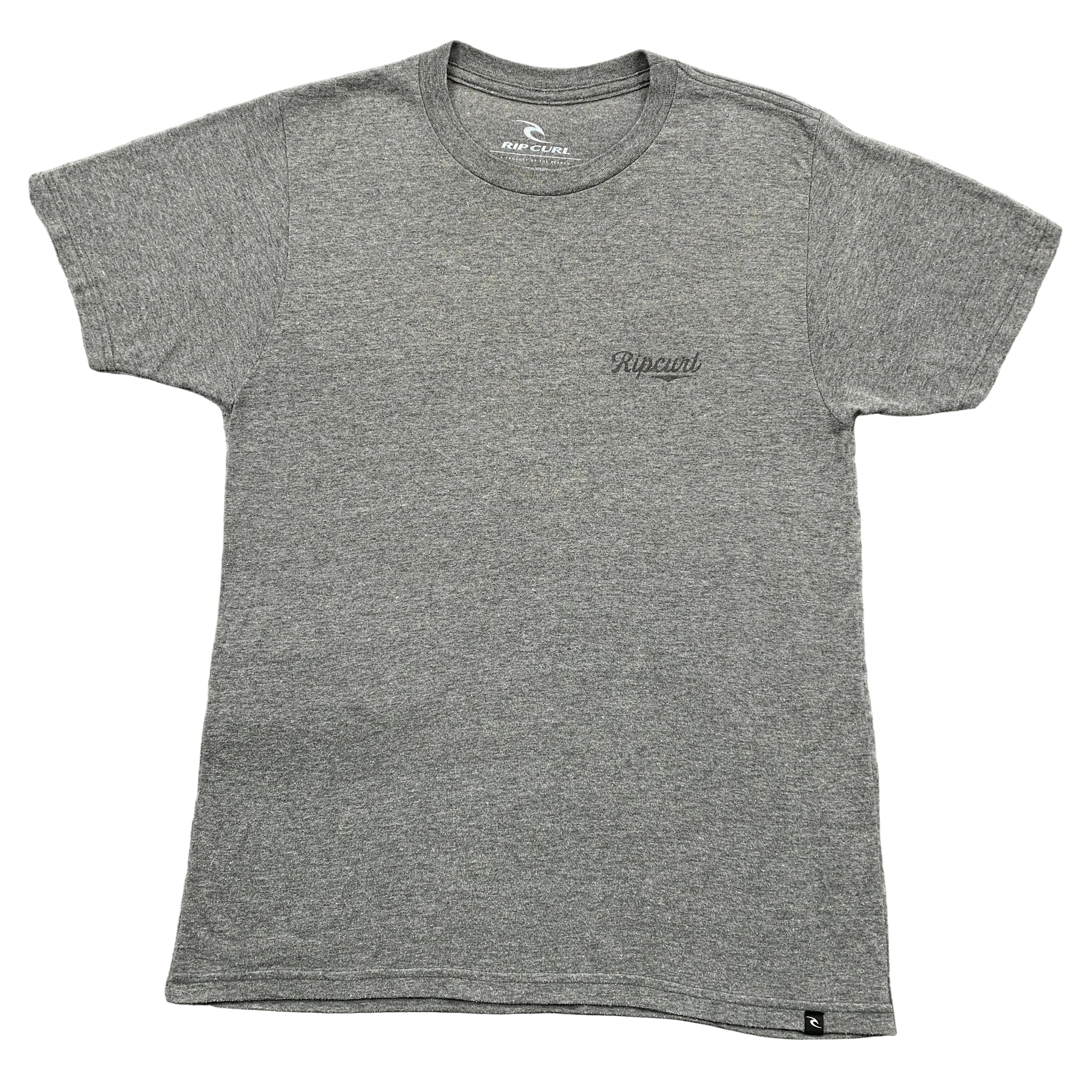 Gray t-shirt with a logo on a textured surface