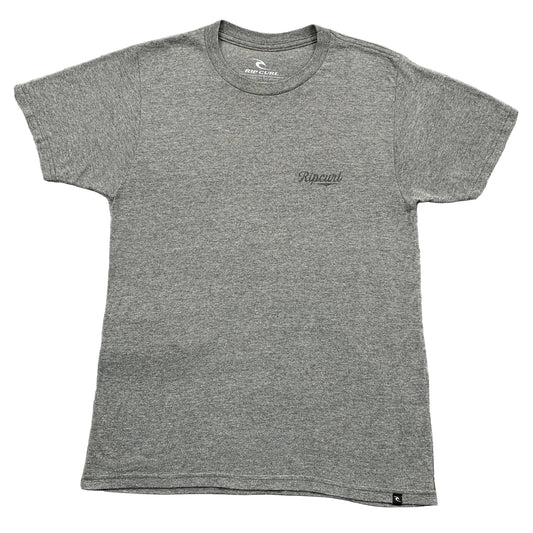 Gray t-shirt with a logo on a textured surface