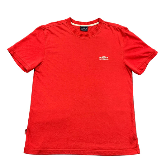 Red t-shirt with a logo on a gray background