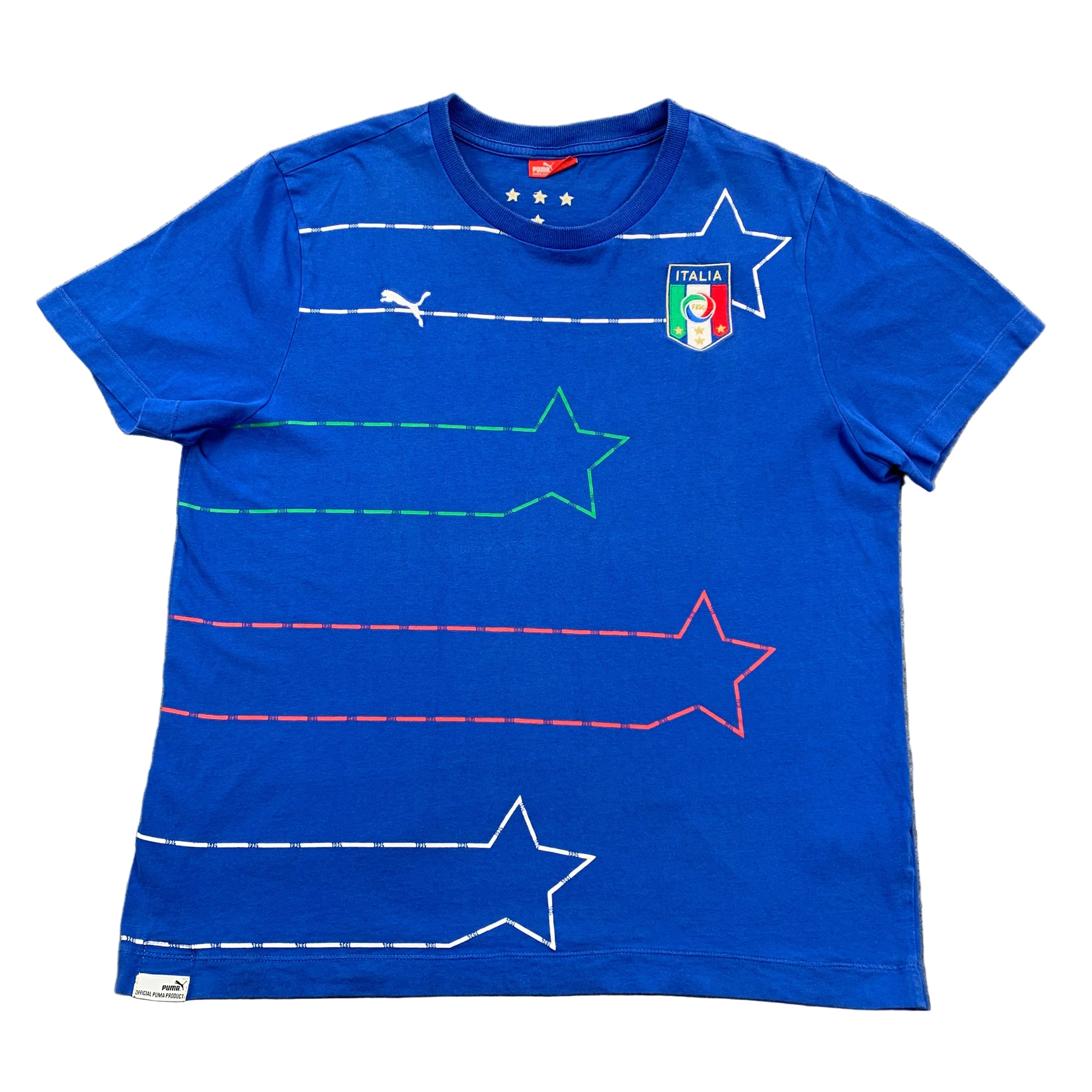 Blue t-shirt with star designs and Italian flag on a gray surface