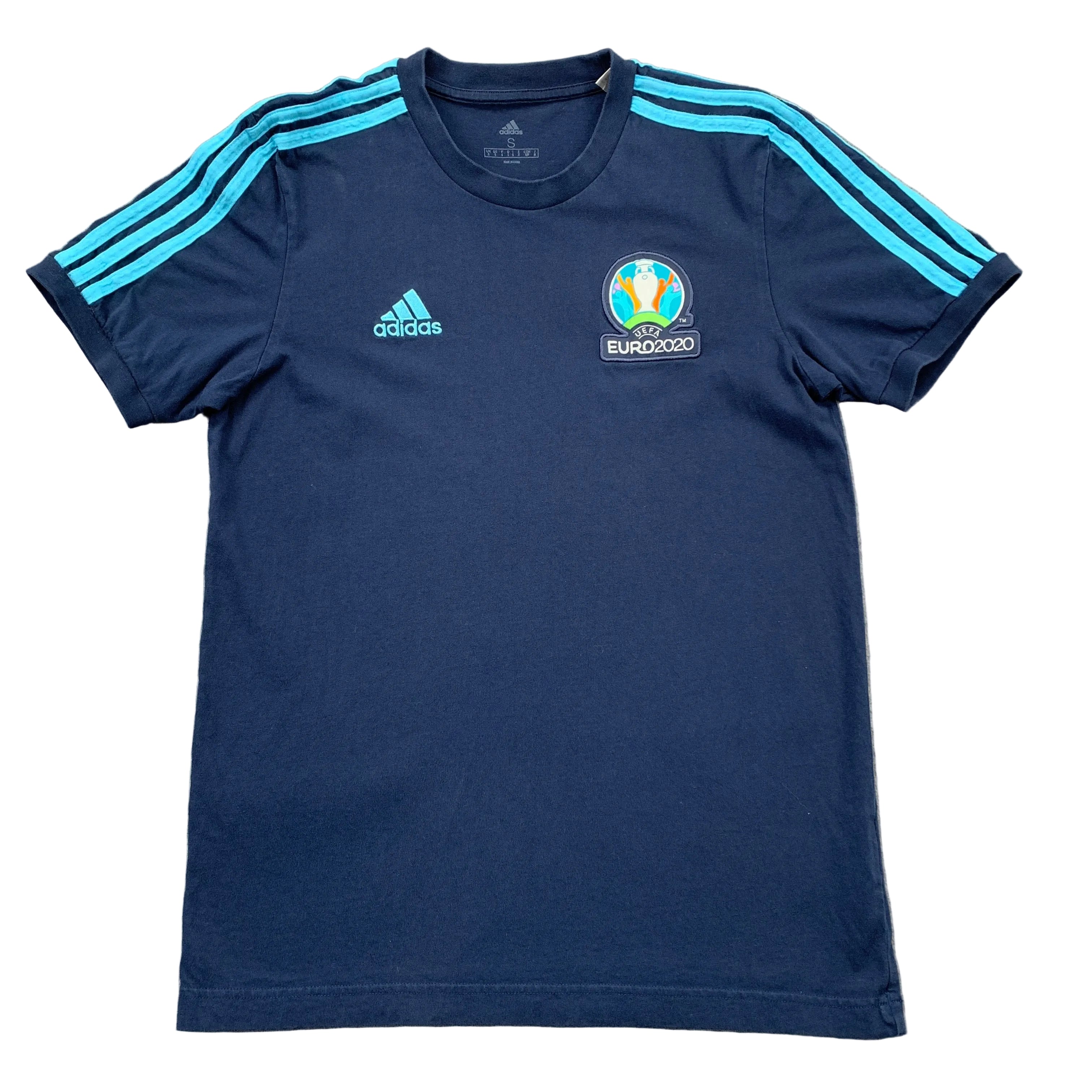 Navy blue t-shirt with Adidas logo and Euro 2020 badge on a gray background