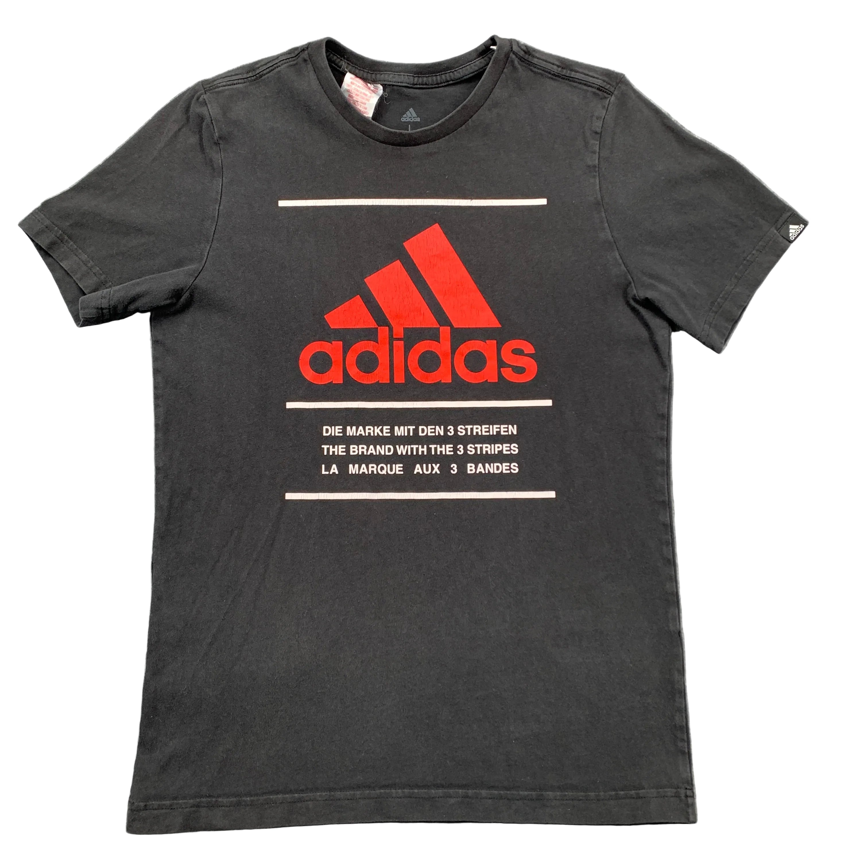 Black Adidas t-shirt with red logo on a gray background