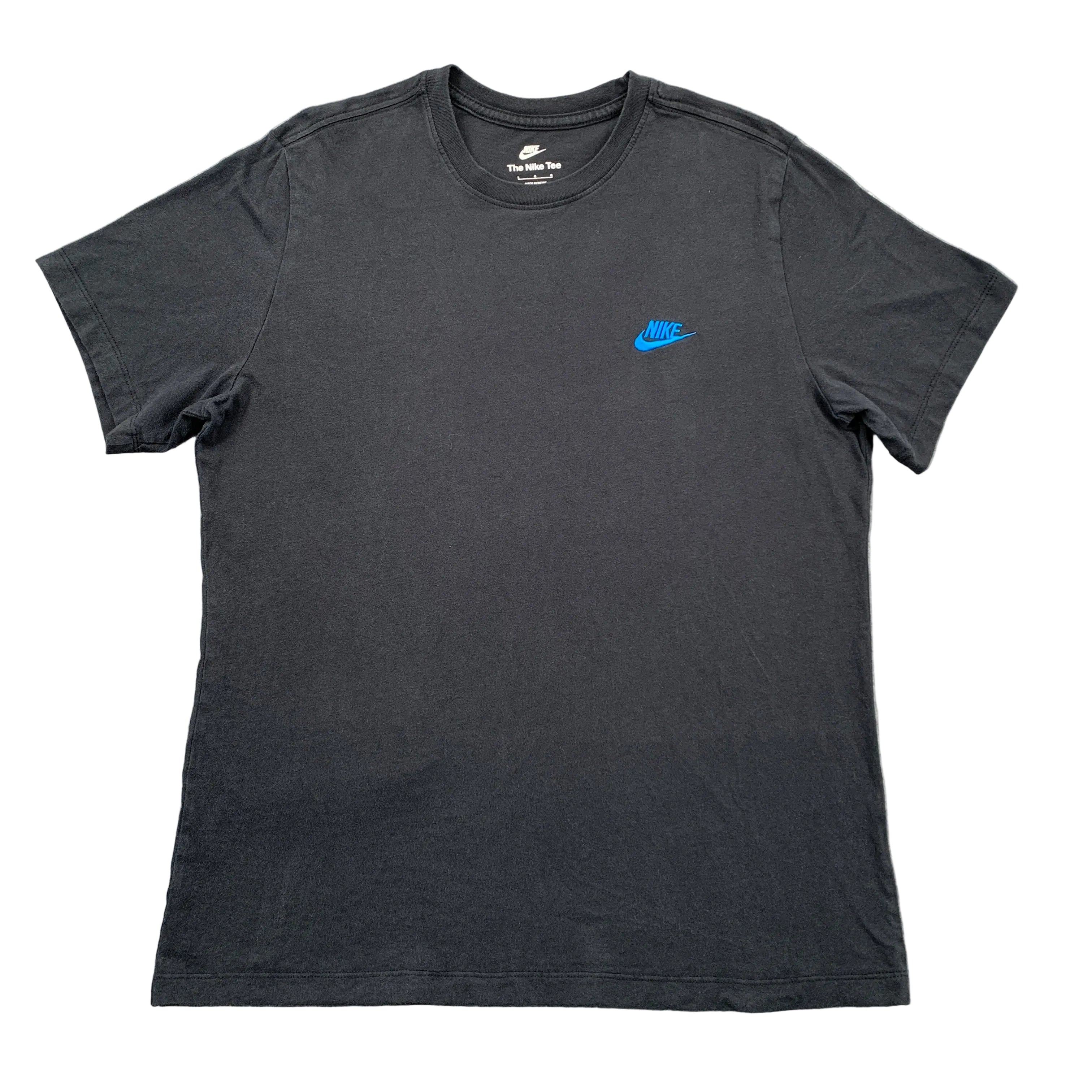 Black t-shirt with a blue logo on a gray surface