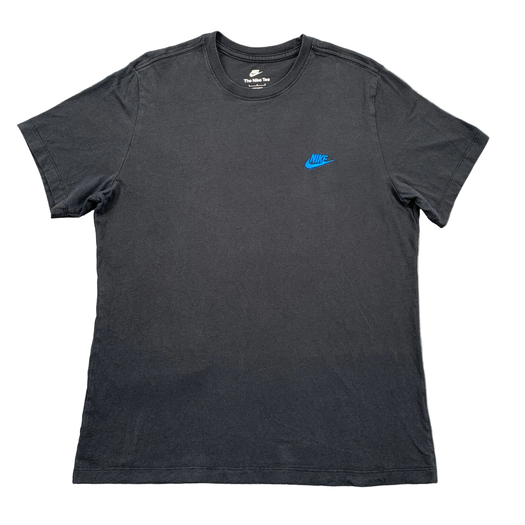 Black t-shirt with a blue logo on a gray surface