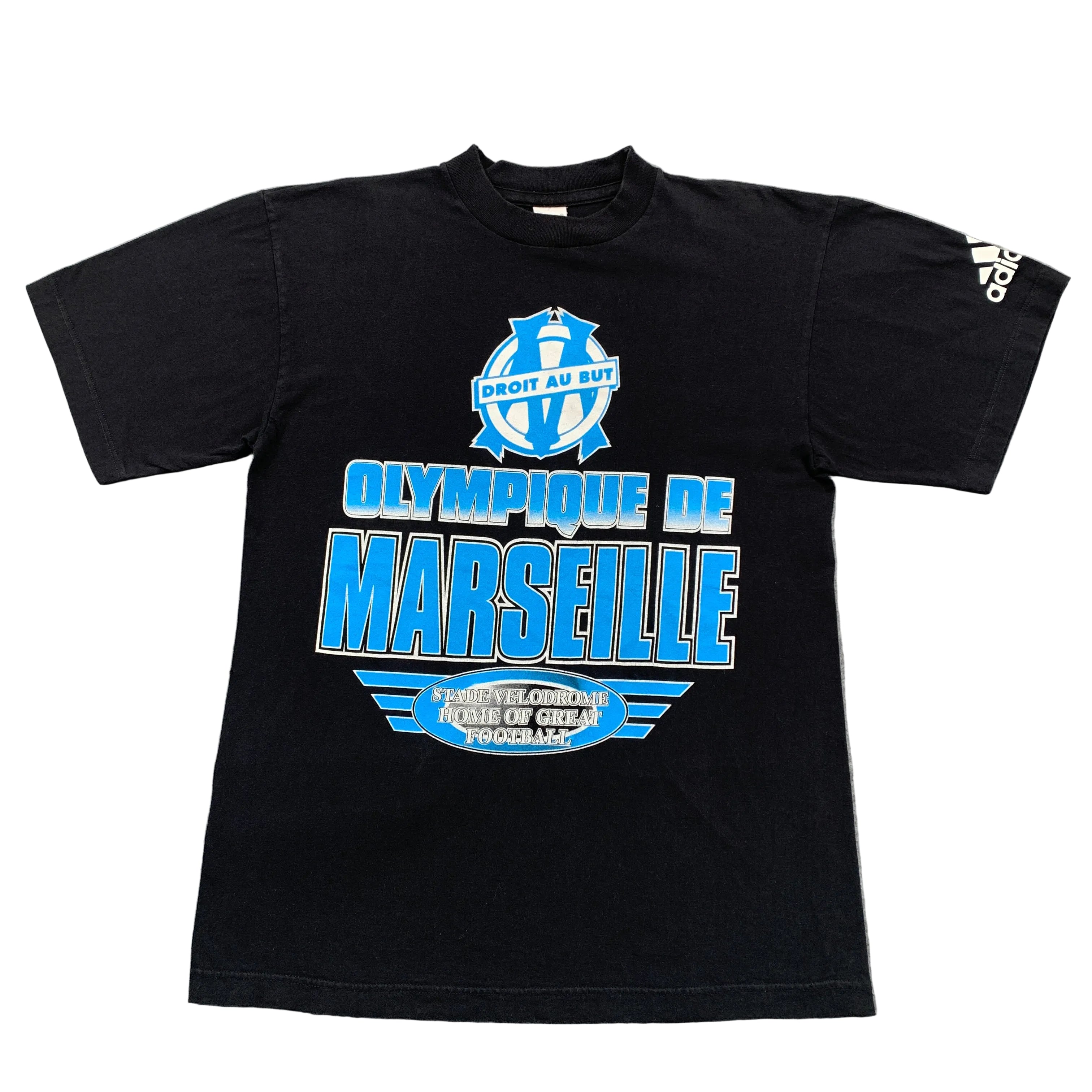 Black t-shirt with Olympique de Marseille logo on a gray surface