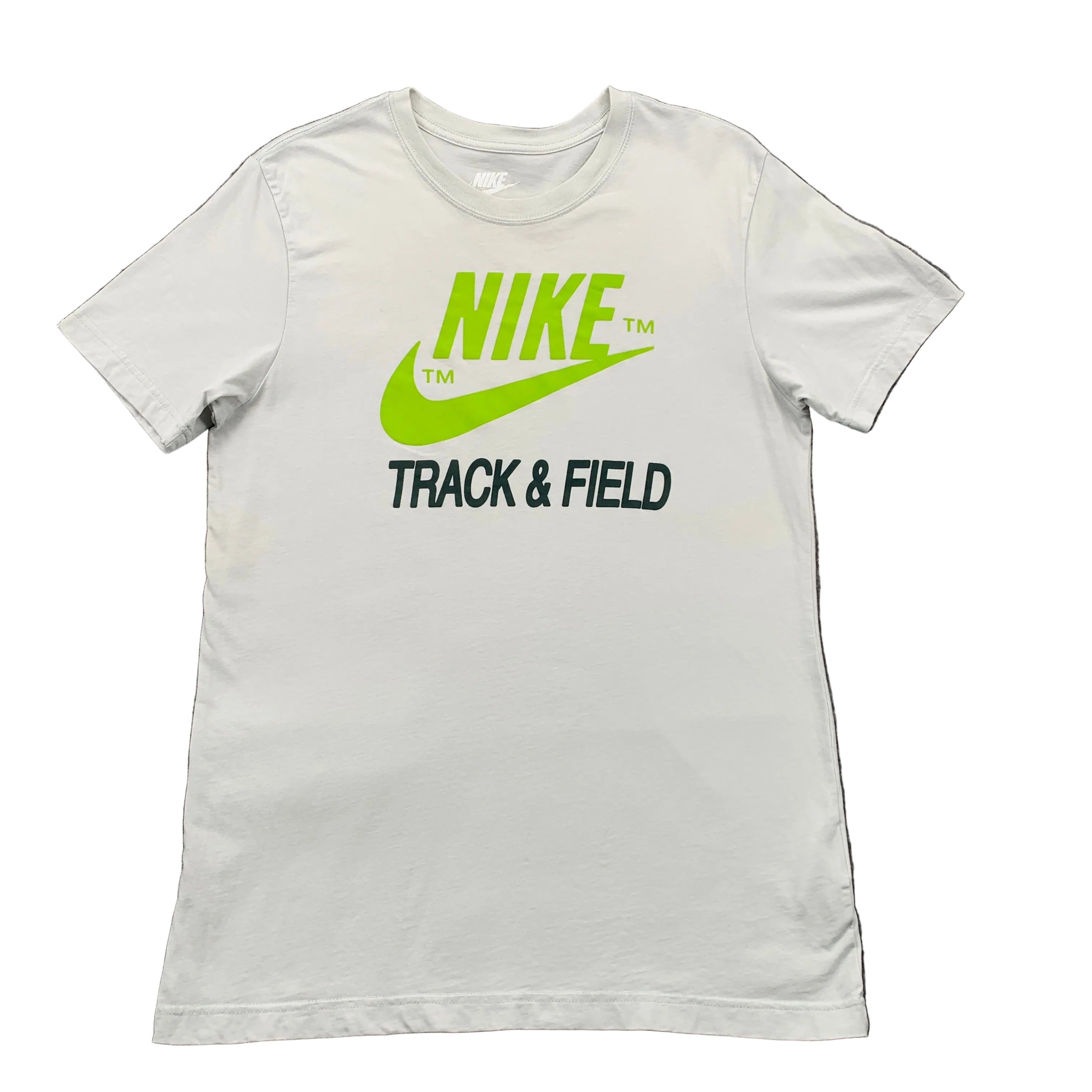 White t-shirt with Nike logo and 'Track & Field' text on a gray background