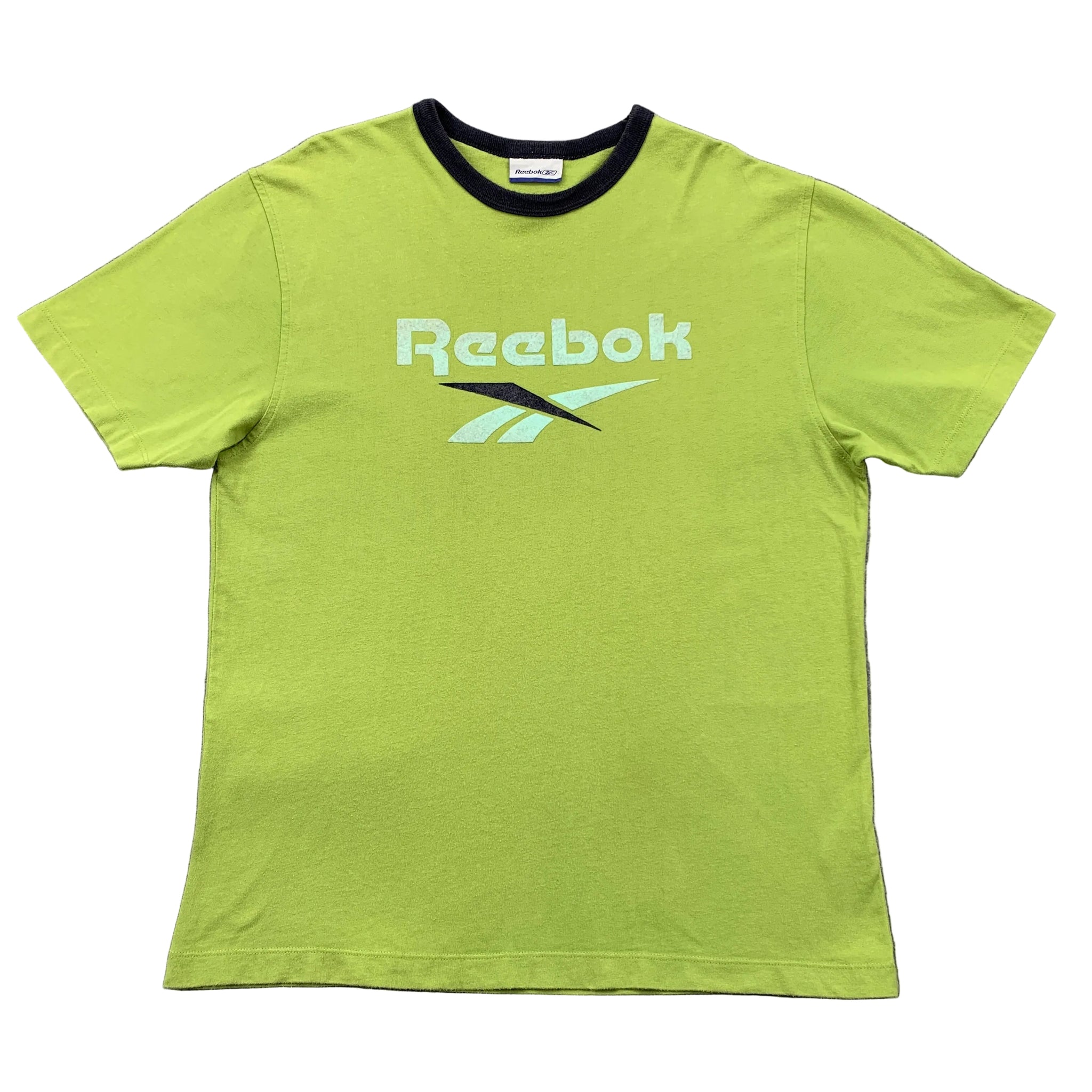 Green Reebok t-shirt on a gray surface