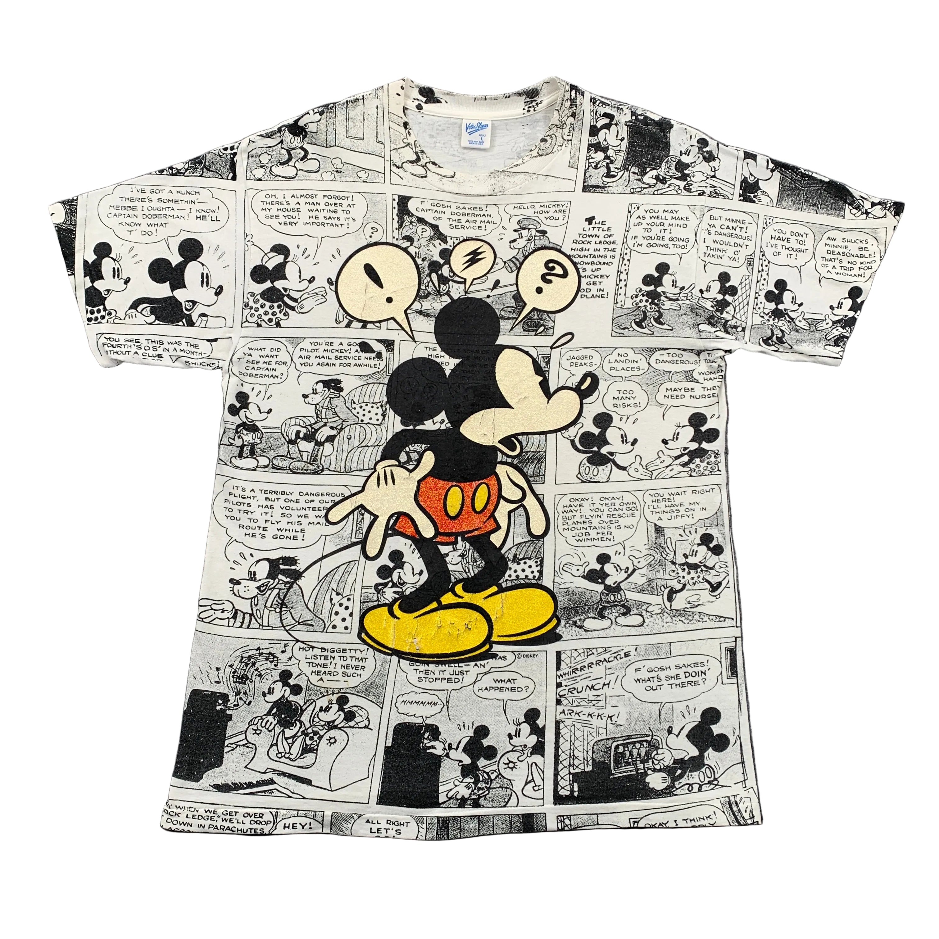 T-shirt with comic-style Mickey Mouse design on a gray background