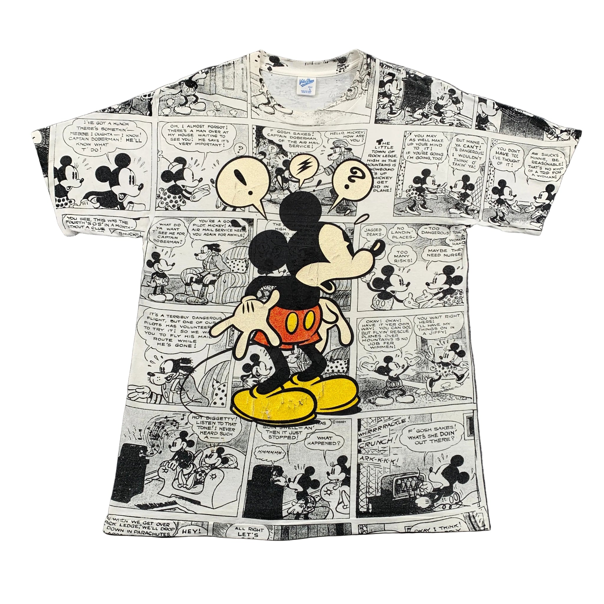 T-shirt with comic-style Mickey Mouse design on a gray background