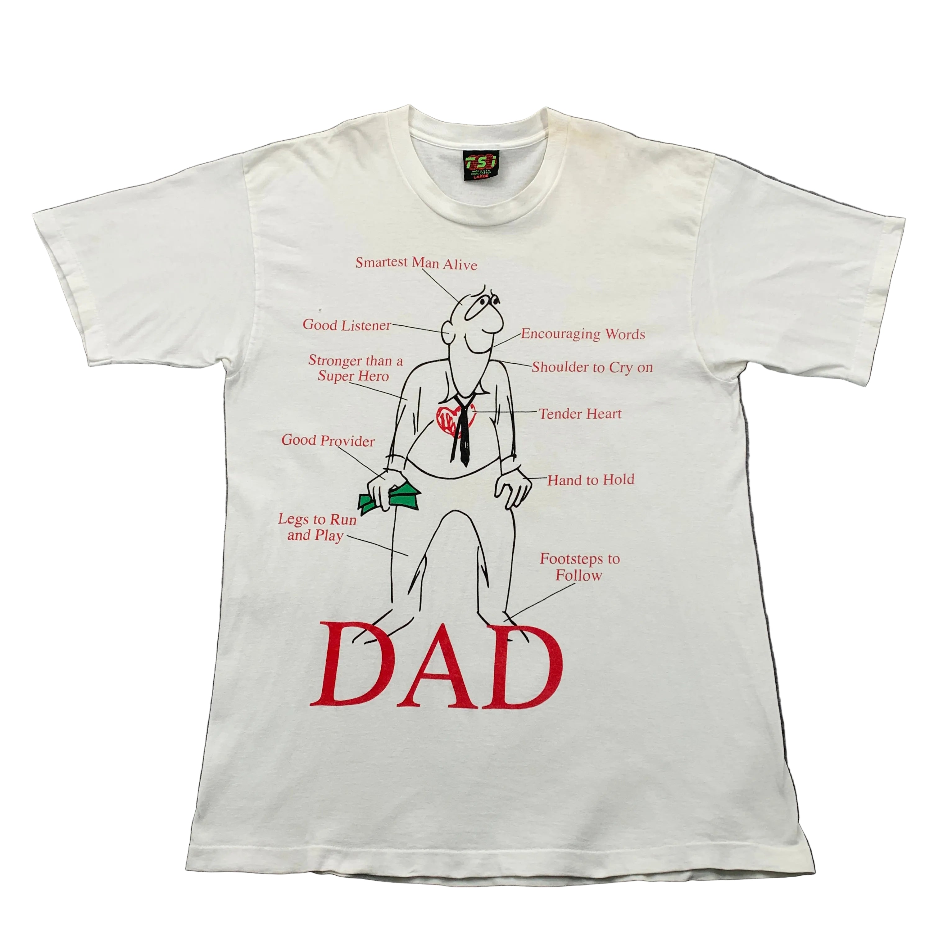 White t-shirt with a graphic design of a father figure and text on a gray background