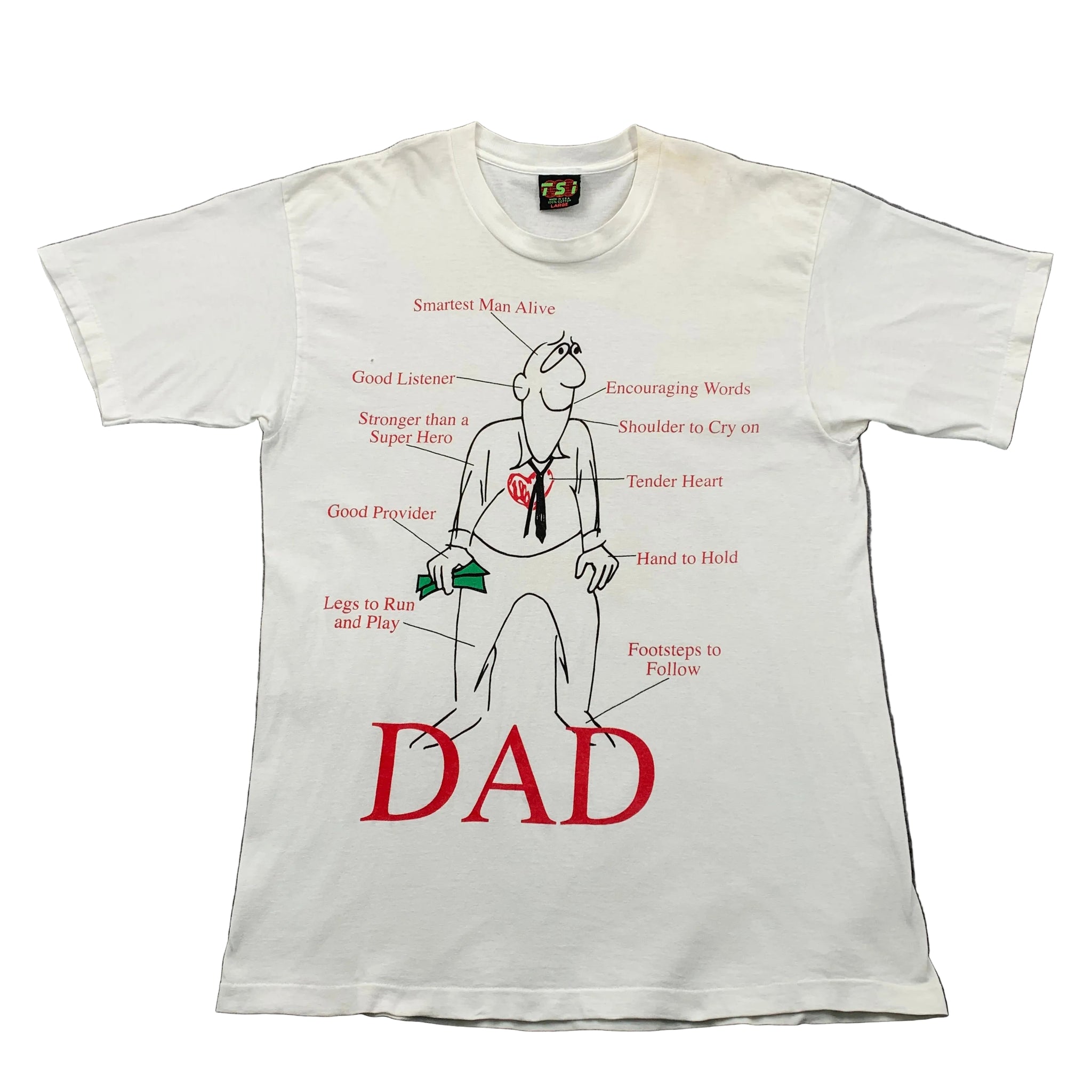 White t-shirt with a graphic design of a father figure and text on a gray background