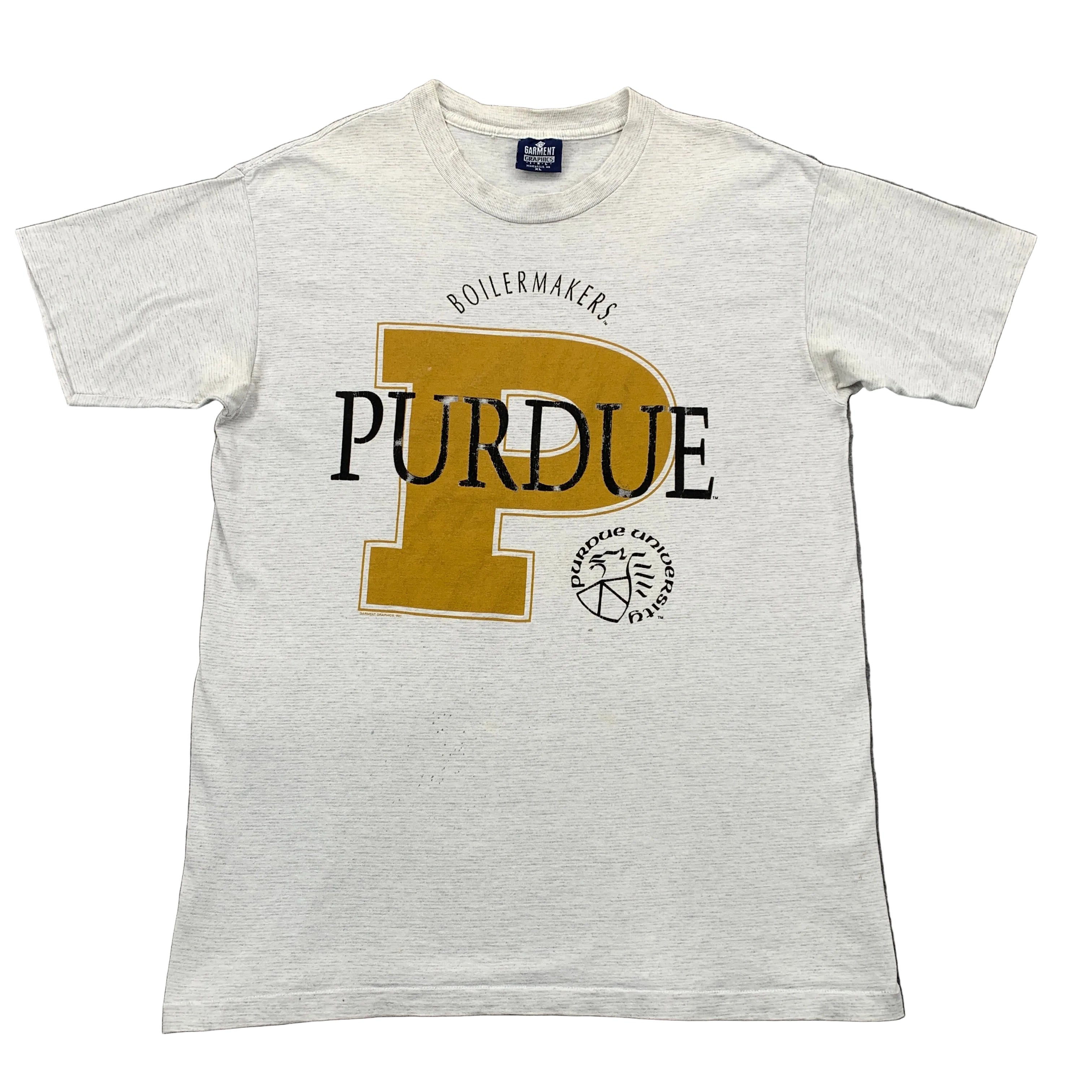Gray t-shirt with Purdue Boilermakers logo on a gray background