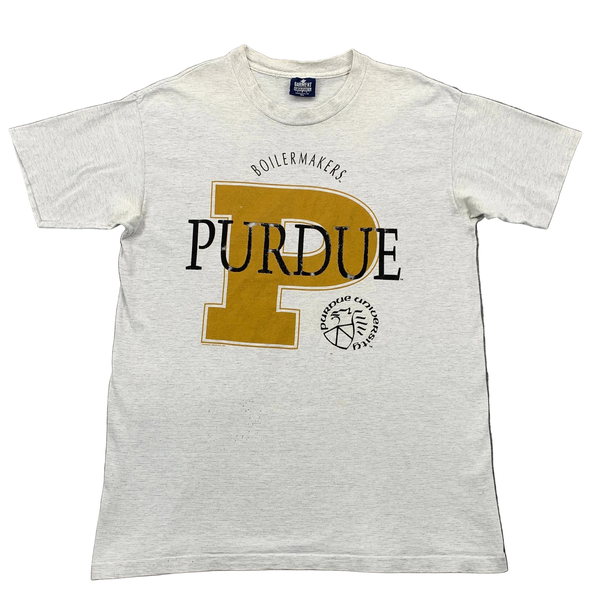 Gray t-shirt with Purdue Boilermakers logo on a gray background