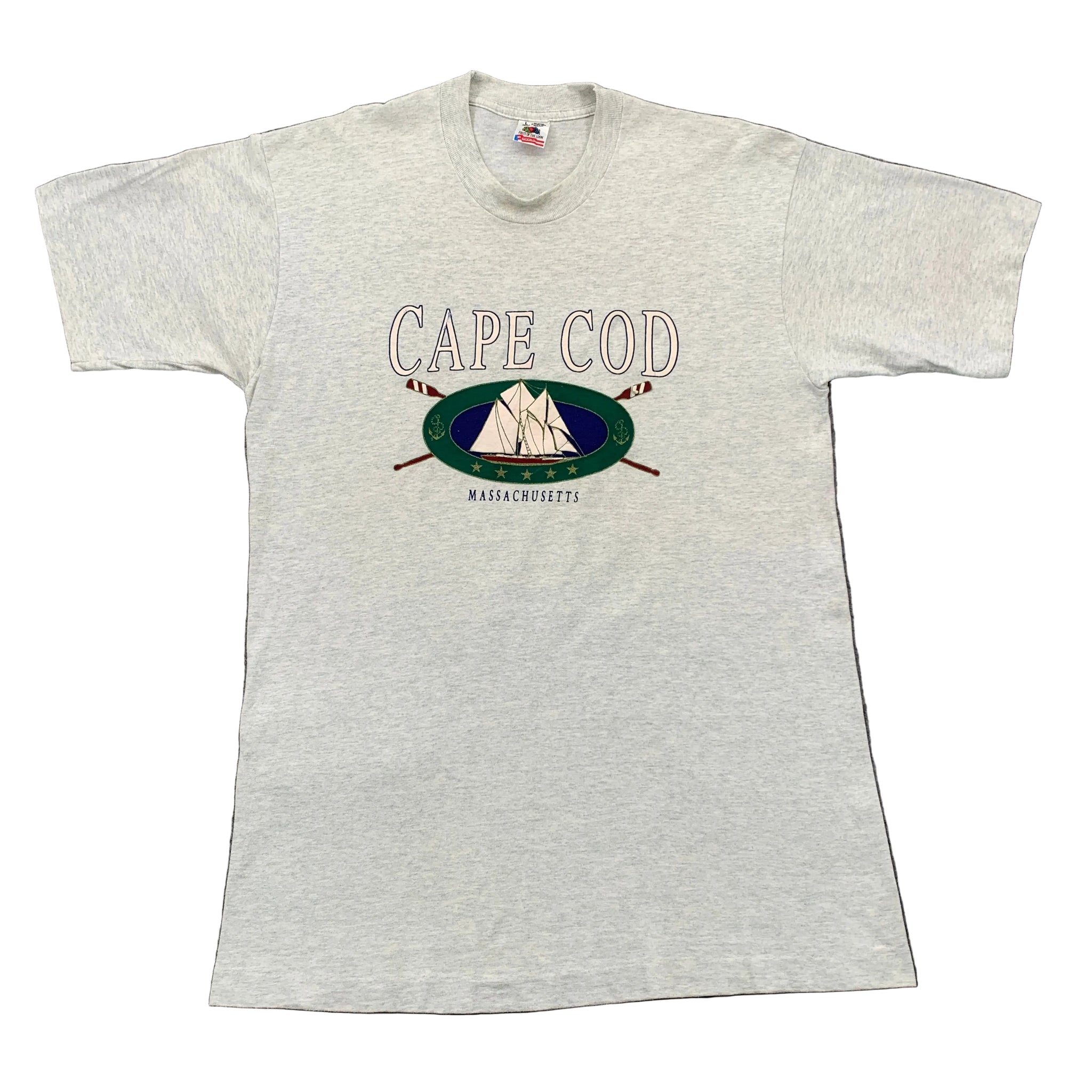 Gray t-shirt with 'Cape Cod, Massachusetts' graphic on a gray background