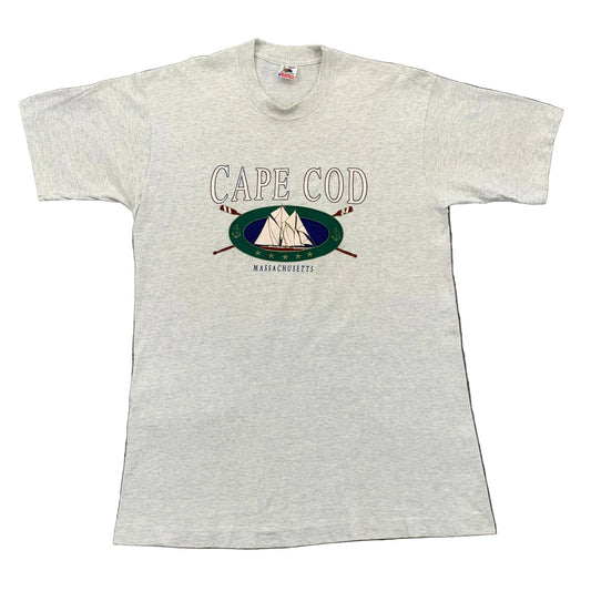 Gray t-shirt with 'Cape Cod, Massachusetts' graphic on a gray background
