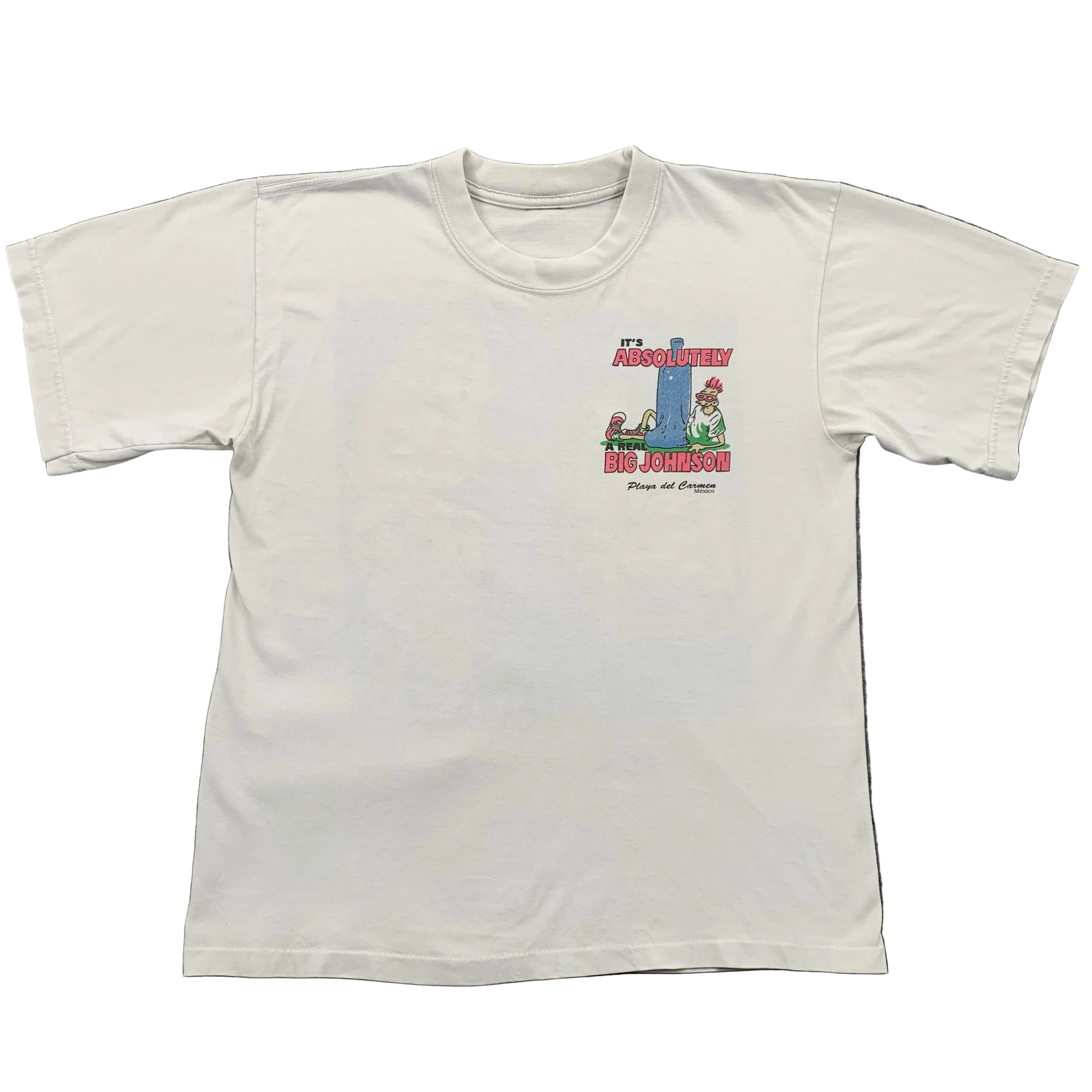 White t-shirt with a graphic design on a gray surface