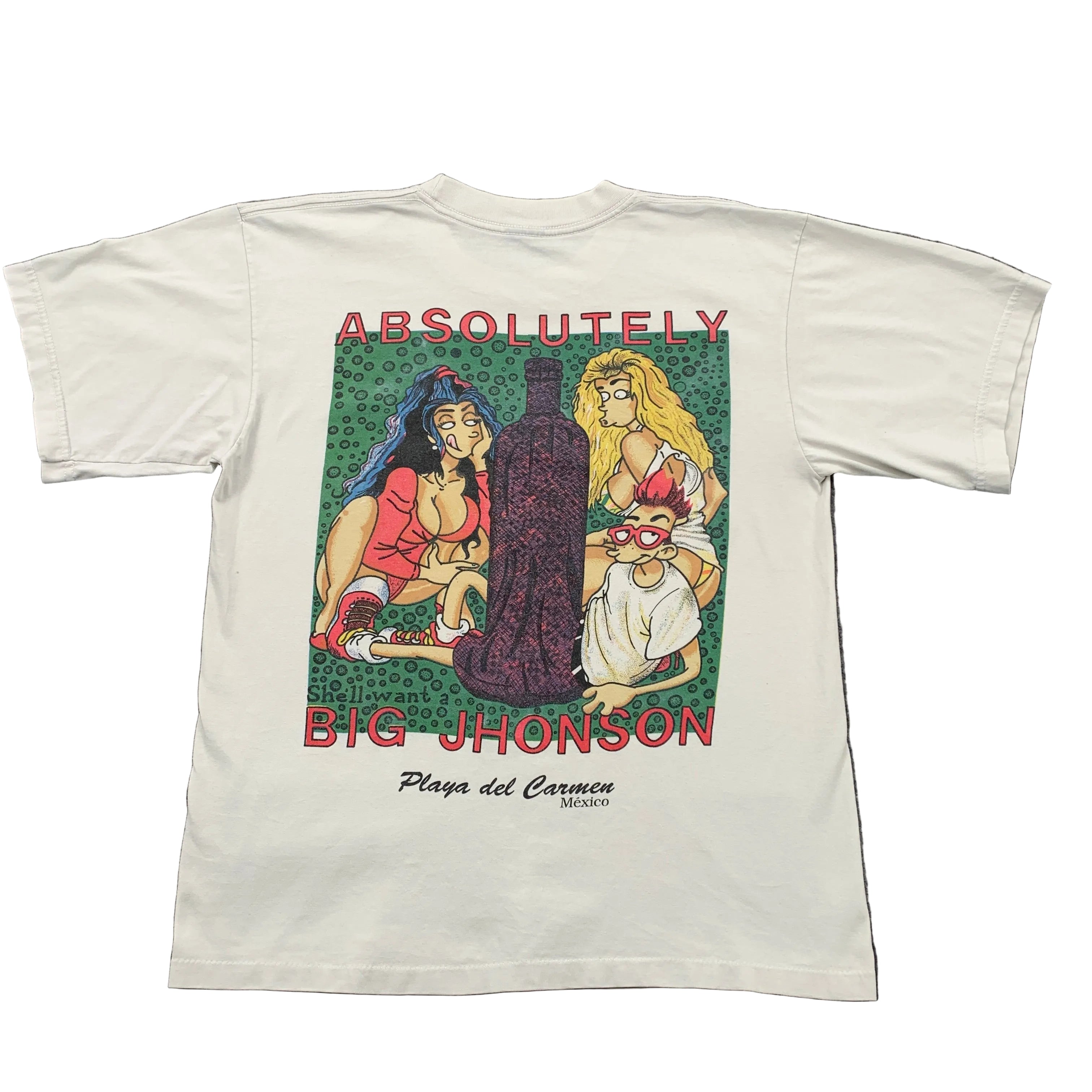 White t-shirt with graphic design featuring two women and a bottle on a gray background
