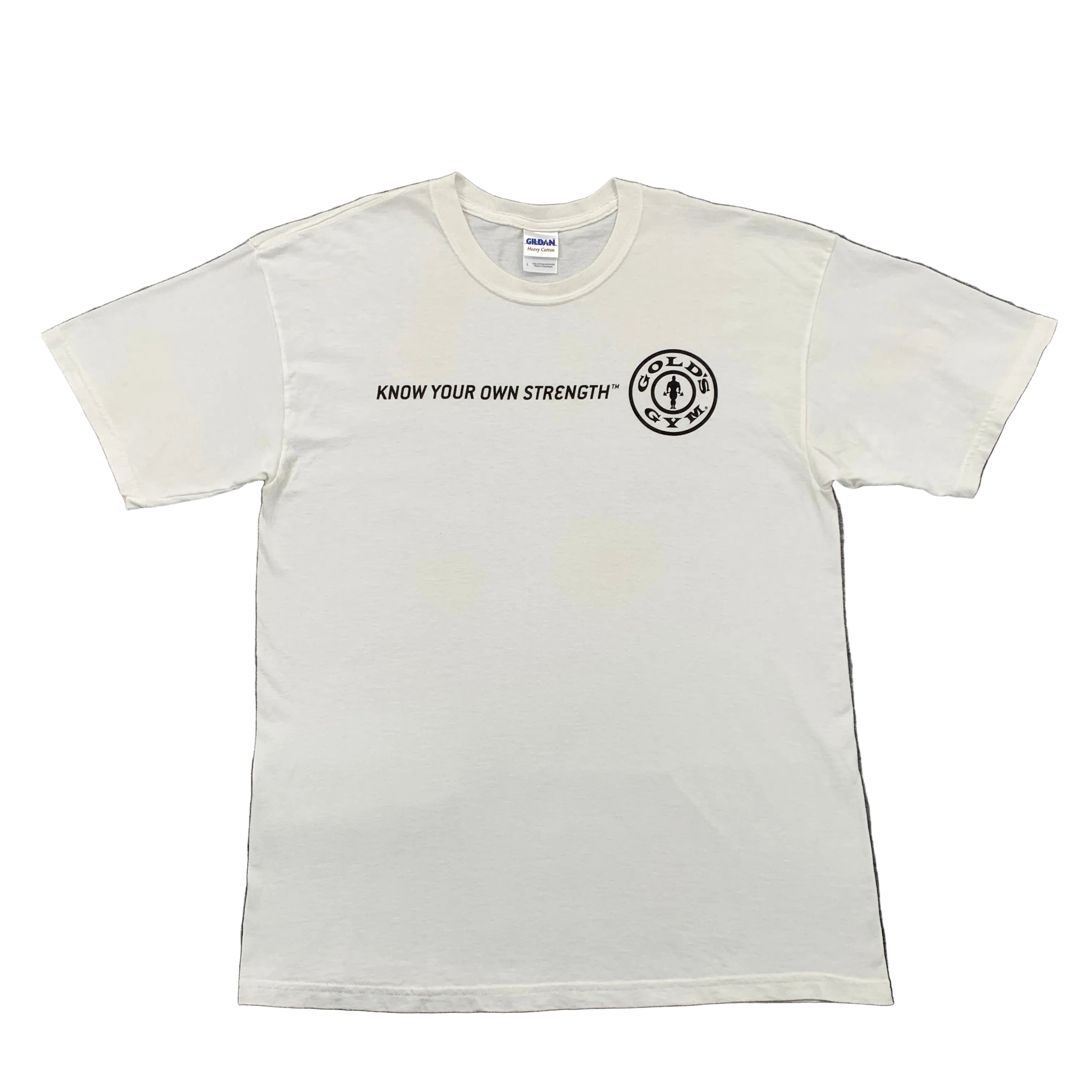 White t-shirt with black text and logo on a gray surface