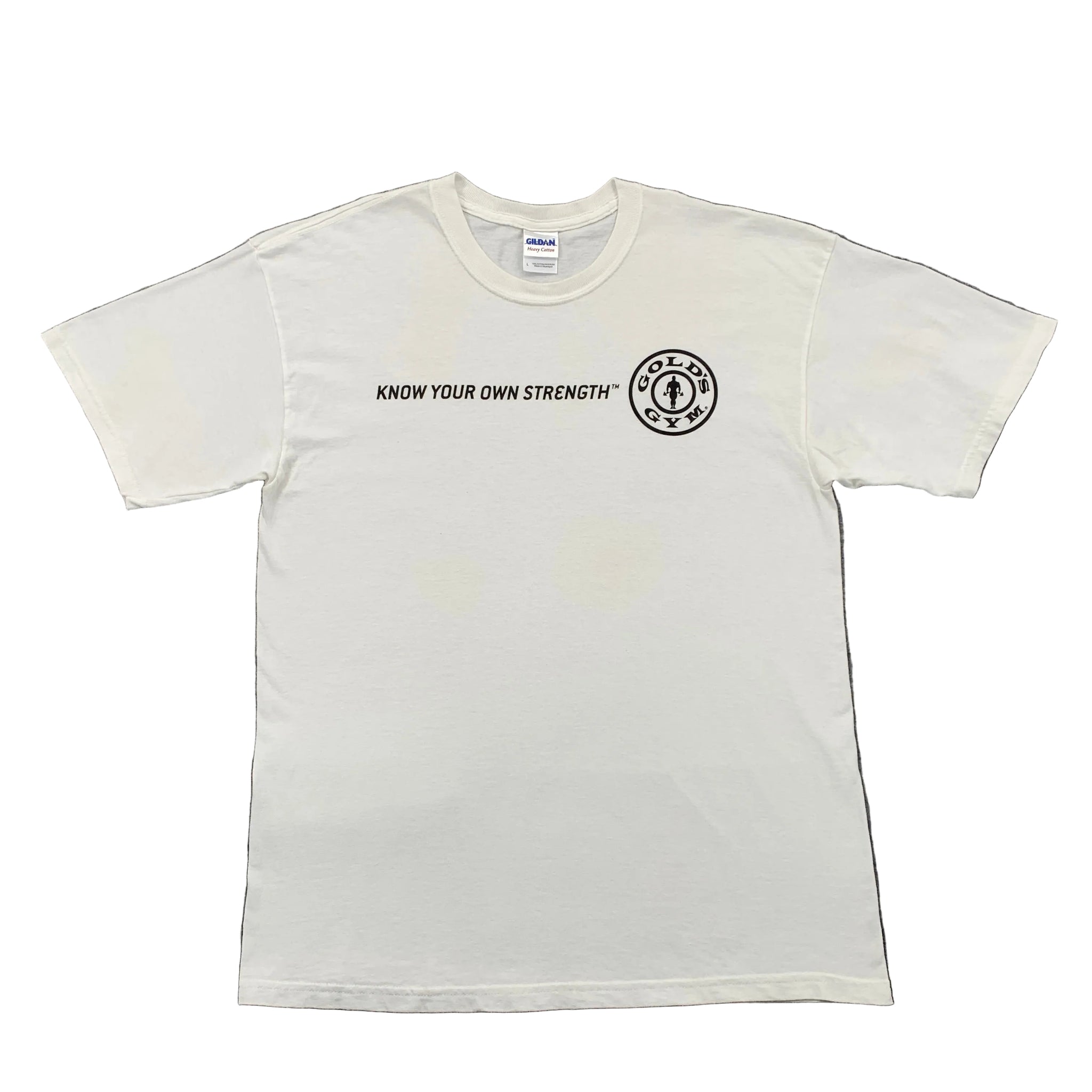 White t-shirt with black text and logo on a gray surface