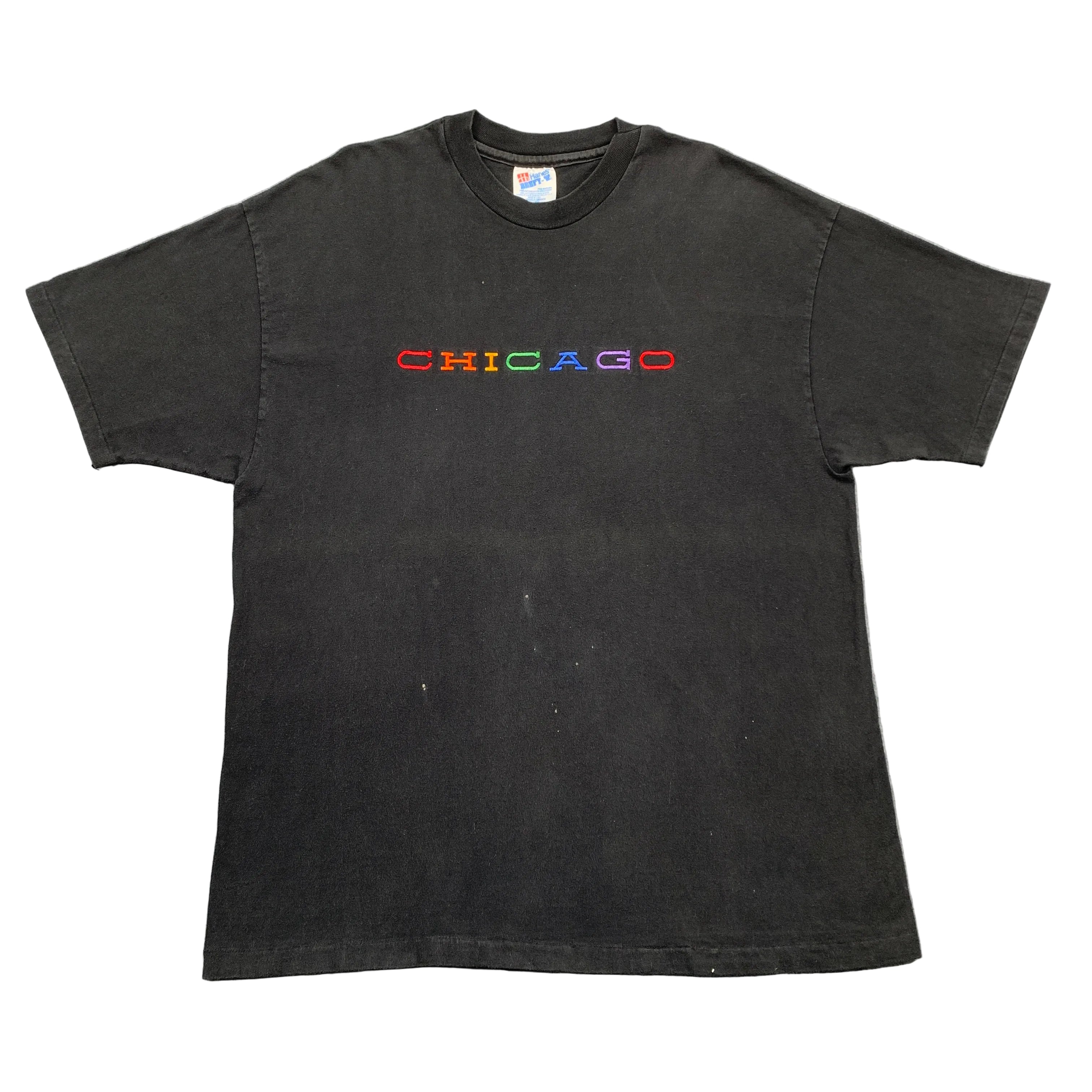 Black t-shirt with 'CHICAGO' in multicolor on a gray background
