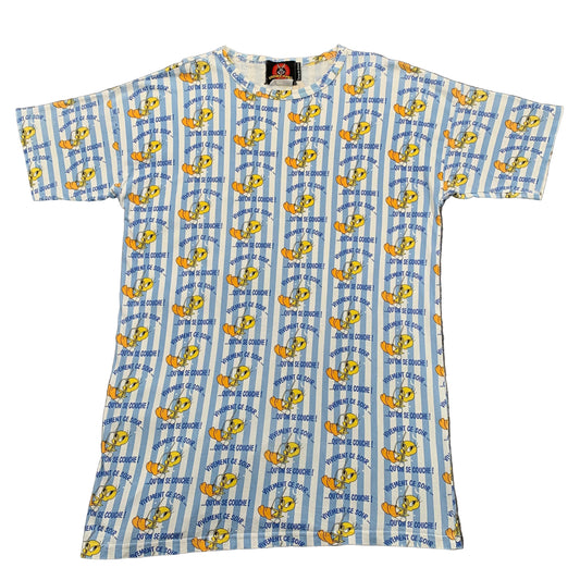 Short-sleeve shirt with cartoon character pattern on a gray background