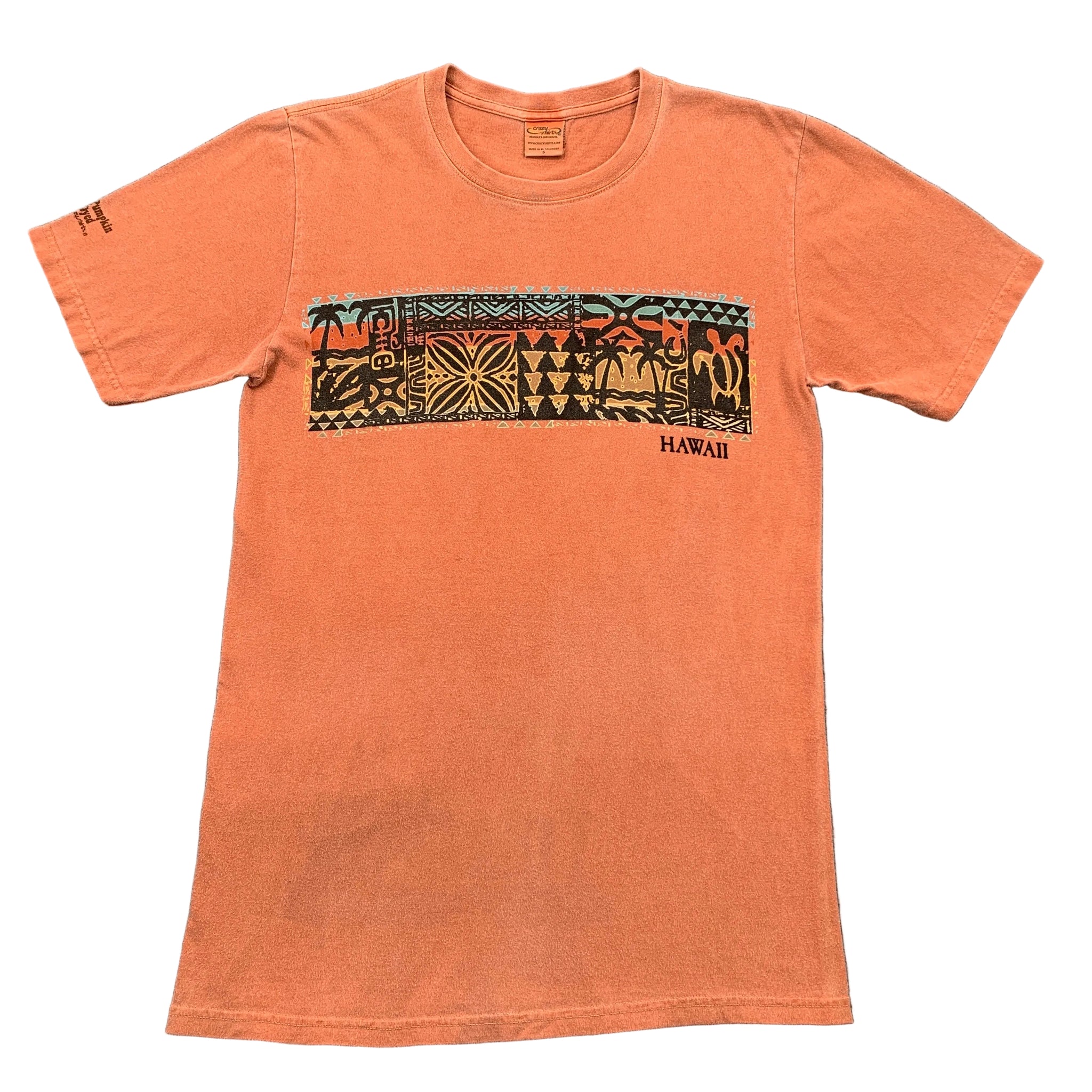 Orange t-shirt with a graphic design on a gray background