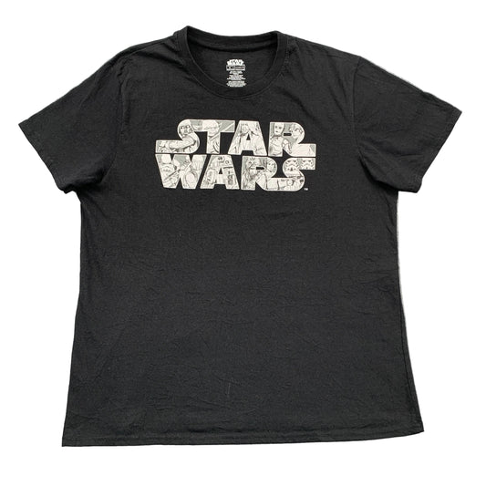 Black t-shirt with 'Star Wars' logo on a gray surface