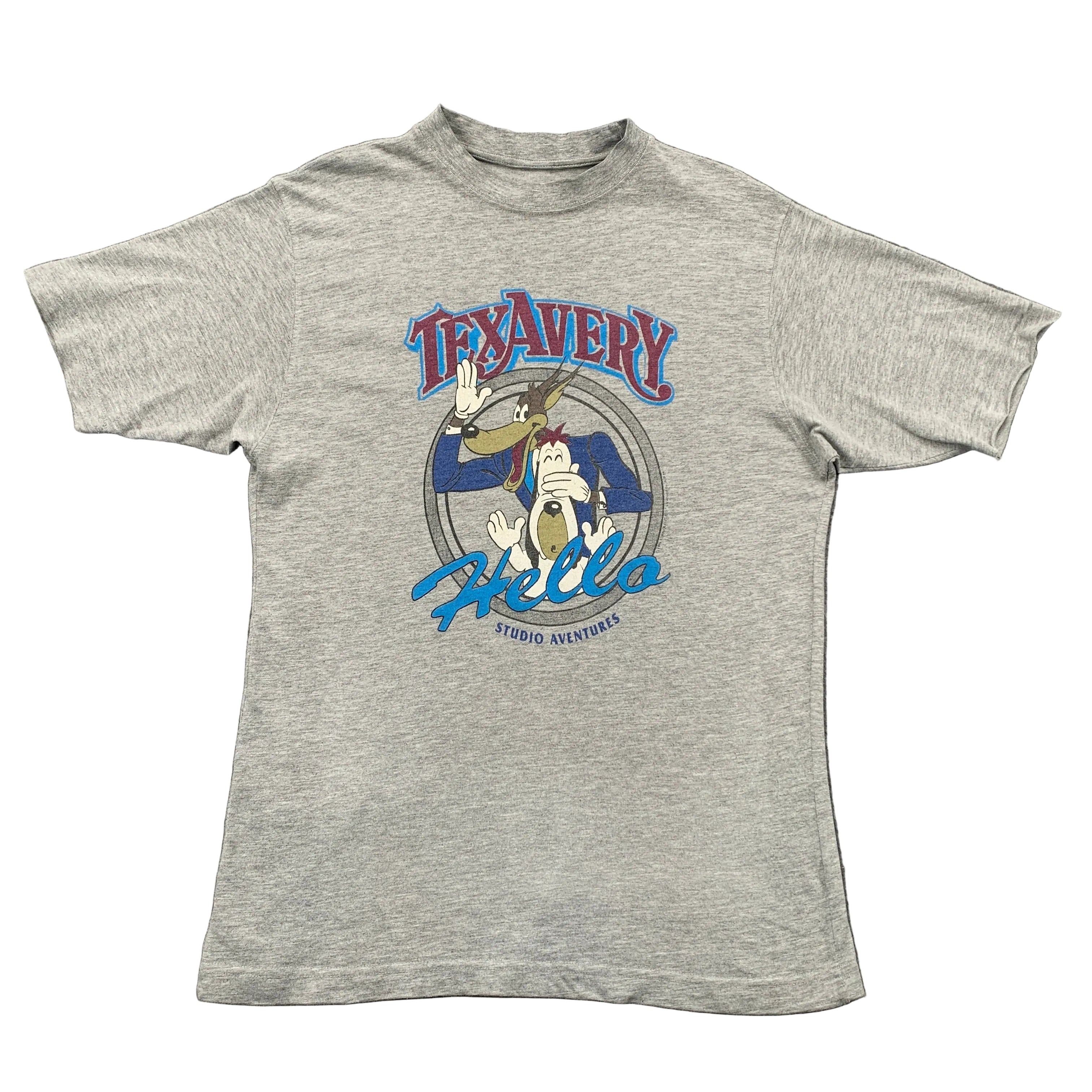 Gray t-shirt with Tex Avery graphic design on a gray background