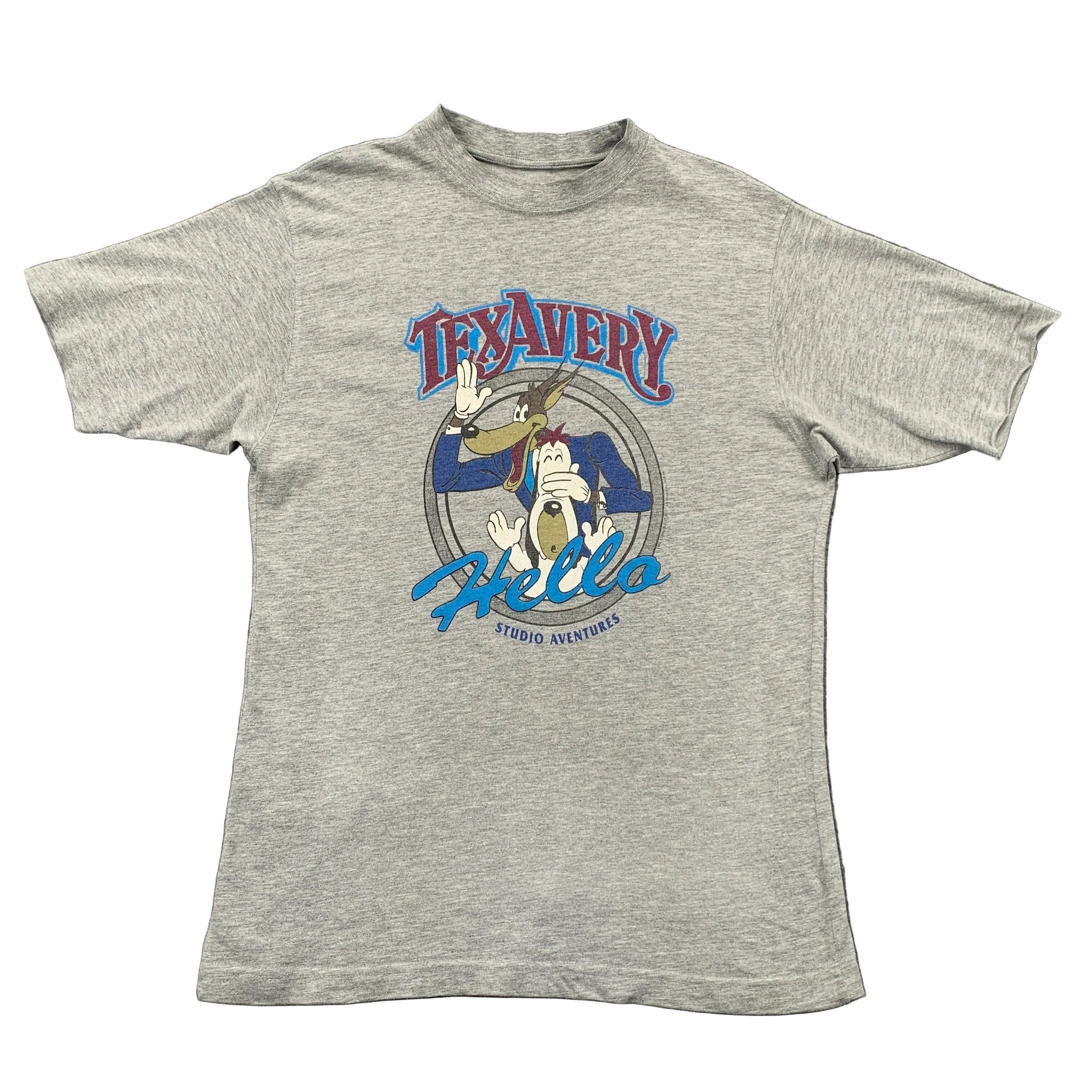 Gray t-shirt with Tex Avery graphic design on a gray background