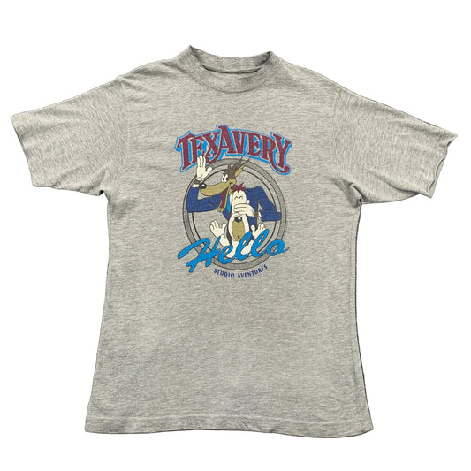 Gray t-shirt with Tex Avery graphic design on a gray background